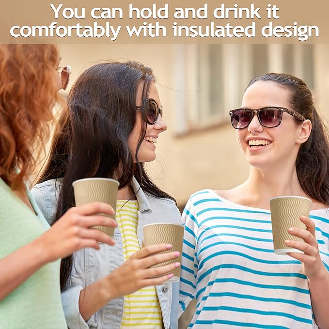 Foaincore 250 Pack 12 oz Paper Cups Bulk Disposable Ripple Insulated Ripple Wall Paper Coffee Kraft Hot Beverage Coffee Cups for Hot Beverage Cold Drinks Party