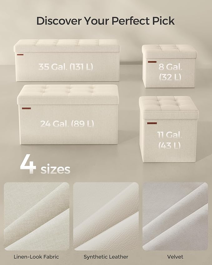 SONGMICS Mazie Collection - Small Folding Storage Ottoman, Foot Rest Stool, 12.2 x 16.1 x 12.2 Inches, 286 lb Load Capacity, for Living Room, Bedroom, Home Office, Dorm, Cream White ULSF102W01