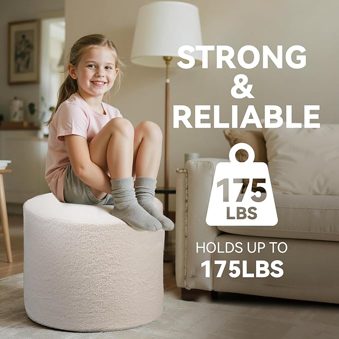 Round Boucle Pouf Ottoman Footrest – Soft & Lightweight Footstool with Full Foam Filling for Living Room, Bedroom