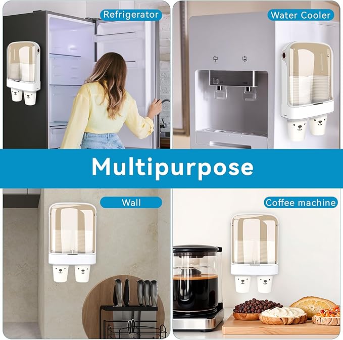 Cup Dispenser, Water Cooler Cup Holder for 5-7 oz Disposable Paper Cups and Plastic Cups, Wall Mount Water Cup Holder for Office Restaurant Home Gym, Pull Type Cup Dispenser - White, Double Cup