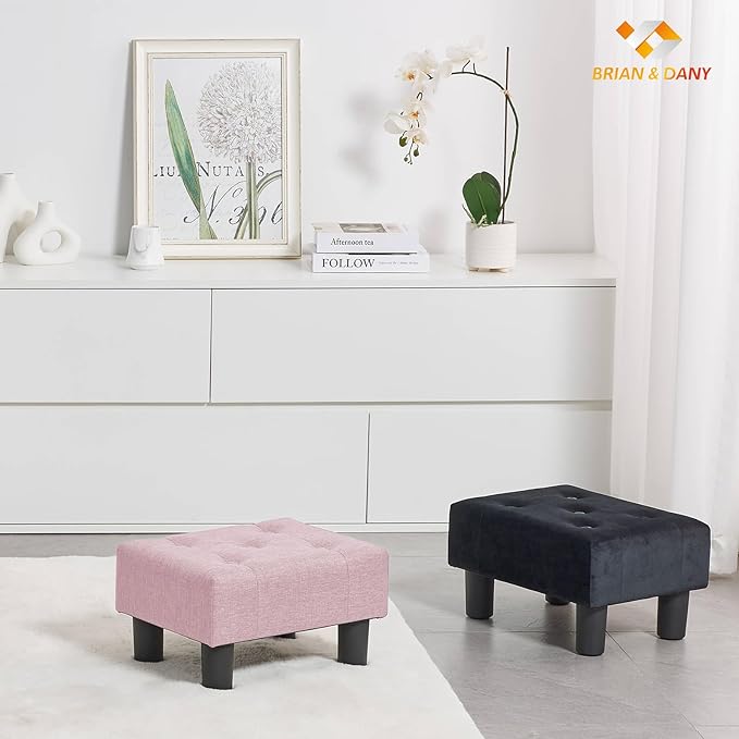 BRIAN & DANY Small Foot Stool, Linen Foot Stools with Legs, Stable Small Footstool for Living Room, Pink