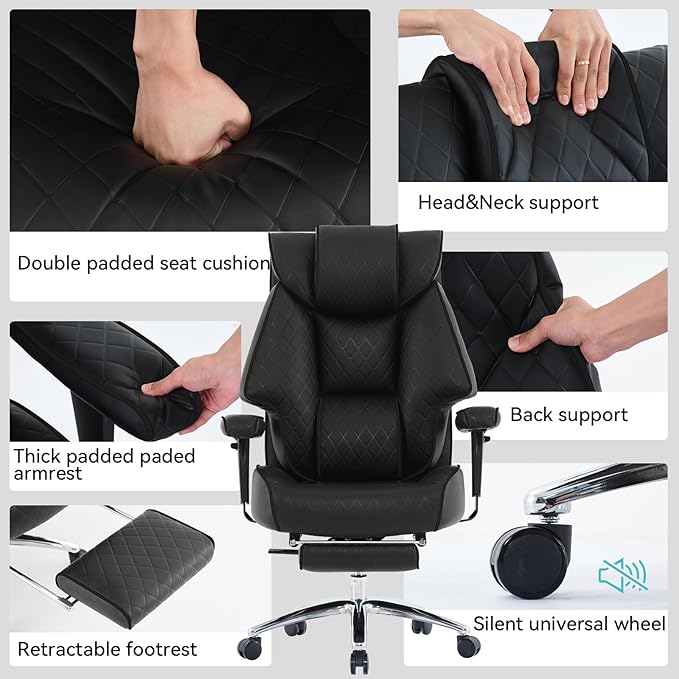 Big and Tall Office Chair with Footrest, PU Leather High Back Executive Office Chair 400lbs, Ergonomic Computer Chairs Lumbar Support for Heavy People (All Black)