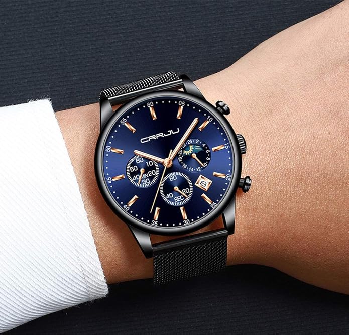 CRRJU Men's Fashion Casual Watches Auto Date Chronograph Watch Men Nice Work Watches Waterproof 30M Full Steel Quartz with Mesh Strap