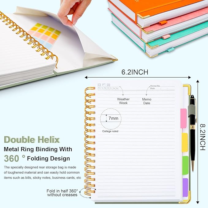 Hardcover Spiral Notebook 5.7"x 8.2" Journal Notebook with Tabs and Removable Dividers 300 Pages 5 Subject Notebook College Ruled, Faux Leather Spiral Bound Notebook for Women School Work (Sage Green)