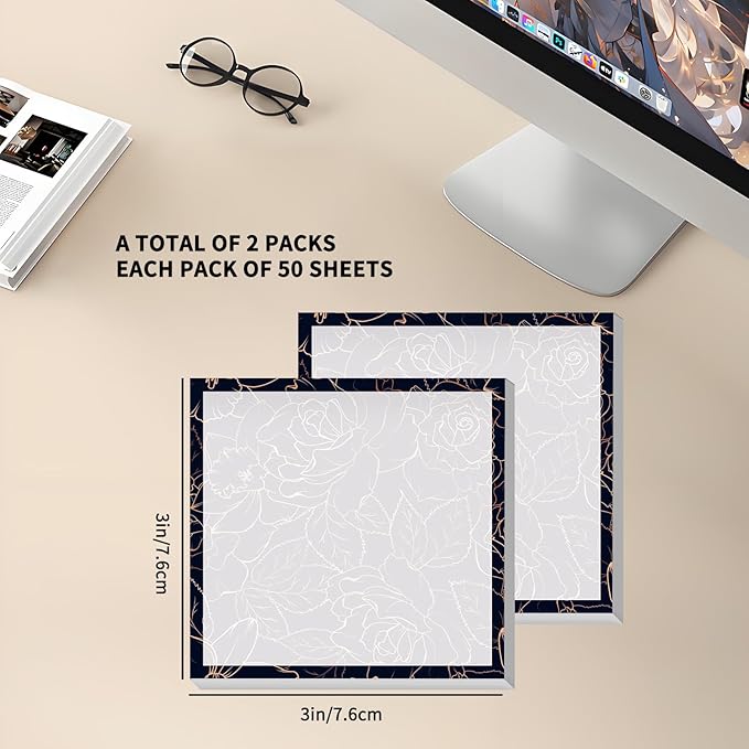 Sticky Notes 3x3 Inches, 2 Pack Cute Colorful Bright Self-Stick Note Pads, Easy to Post for Home, Office, Notebook, Meeting Luxuious Blue Floral