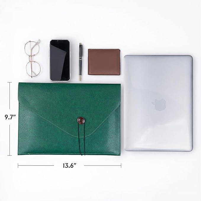 Large PU Leather A4 File Folder Document Holder for Men Women, Waterproof Portfolio Envelope Folder Case, Office Organizer for Colleagues Coworkers, File Folder Organizer for College Student - Green