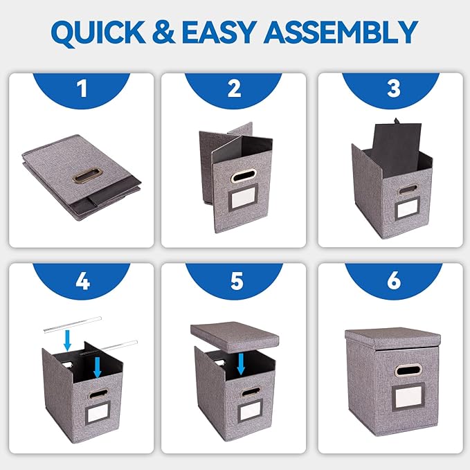 4 Pack Hanging File Folders Organizer with Lid, Letter Size Fabric File Storage Box Collapsible, Portable Office Document Holder with Metal Handle, Smooth PVC Rails, Gray