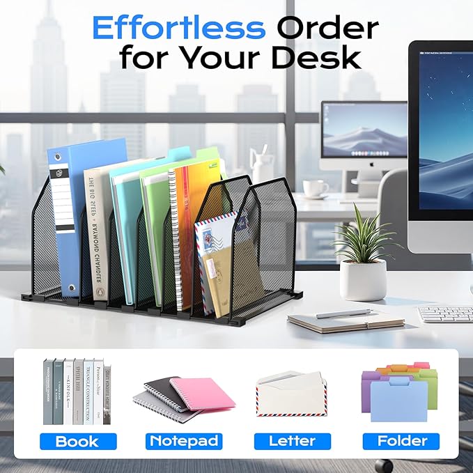 Adjustable File Organizer for Desk, 6 Sections Vertical File Folder Holders Desktop Binder Organizer, Mesh Desk Organizer File Sorter for Home Office Classroom, Black