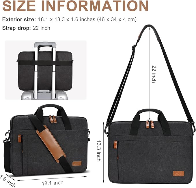 ESTARER Laptop Bag 17-17.3 Inch, Computer Bags for Men Water-resistant Canvas Laptop Case Slim Laptop Sleeve Fits Hp/Dell/Asus/Lenovo/Acer, Dark Grey
