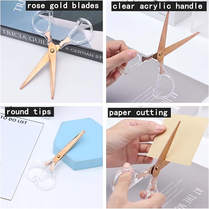 6 Inch Office Scissors Clear Acrylic Handles Rose Gold Craft Scissor Semi-Circular Grip Fabric Shears Stainless Steel Sharp Blades Round Tips for Paper Thread (Rose Gold)