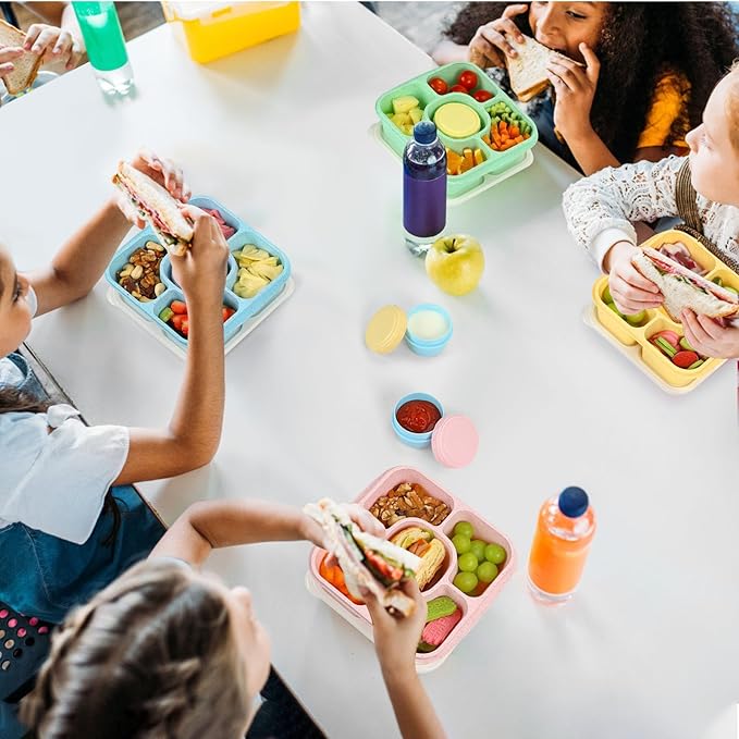 Caperci Original Lunchable Snack Containers for Kids & Adults - 5 Compartments Bento Snack Boxes with 4 Leakproof Small Containers, Wheat Straw, BPA-Free, Set of 4 (Vintage Colors)
