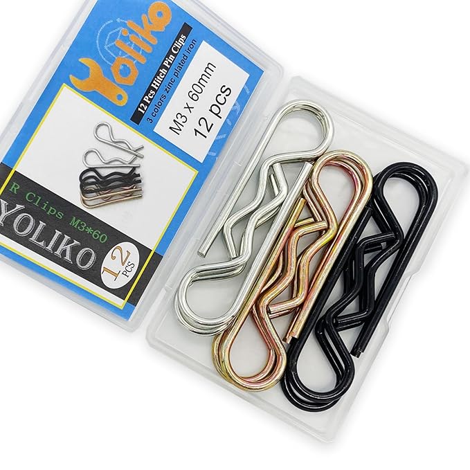 12Pcs 3 Color Heavy Duty Hitch Pins Clip R Clips Spring Retaining Wire Hair Pin Cotter Pin Strong Spring Tension Large Carter Pin R Clip Large for Trailer Tractors Mower Carts Truck Pin M3x60mm
