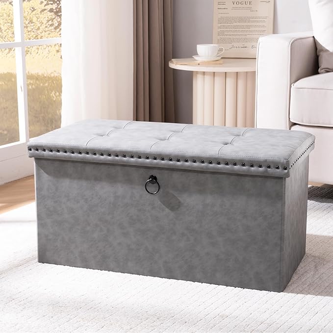 30 Inches Folding Storage Ottoman Bench, Leather End of Bed Foot Rest Stools with Button Tufted Rivet Design, Ottoman with Padded Seat for Bedroom, Living Room, Entryway, 330 lb, Grey