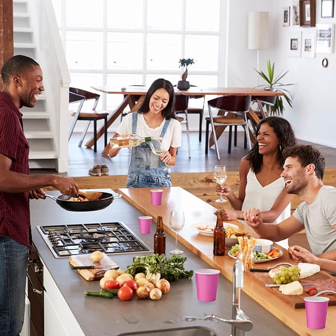 Disposable Paper Cups, 60pcs Pink Paper Cups For DIY Wedding Party Picnic BBQ Travel and Event 8oz (Pink)