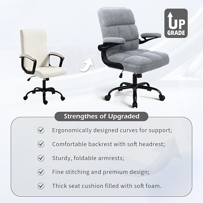 Office Chair with Wheels, Ergonomic Rolling Desk Chair with Flip-up Armrest, Adjustable Home Office Computer Chair Teddy Fleece – Light Gray