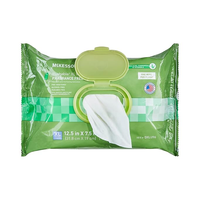 McKesson Flushable* Adult Wet Wipes XL – 288 Wipes (3 Pack of 96) – Aloe & Vitamin E, Plant-Based Cleansing Wipes, Unscented, Extra Large
