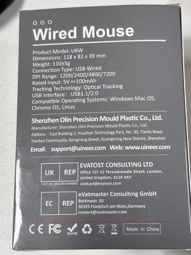 Uineer Wired Mouse, 4 Levels Adjustable DPI, 6 Programmable Buttons, Ergonomic Computer Wired Mouse for PC Laptop Computer for Working and Gaming - Plug & Play (White)