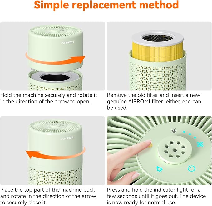 AIRROMI Pets Air Purifier for Home Allergies,Up to 660 ftยฒ.Yellow Deodorizing Activated Carbon Filter,With Fragrance Sponge for Better Sleep,Night Light,Pet Dander,Smoke,Odors,Air Cleaner A2002 Green