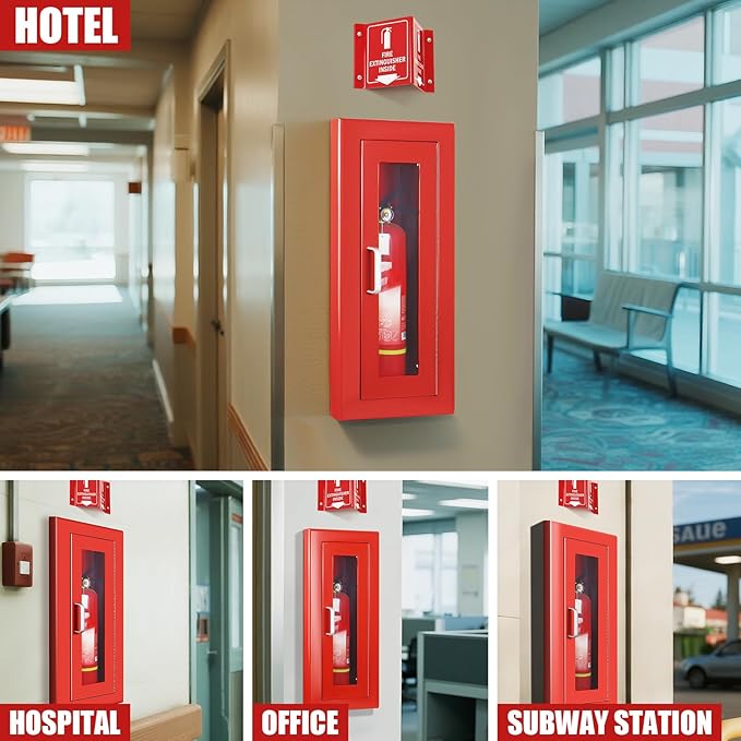 Fire Extinguisher Recessed Wall Cabinet, Galvanization Steel Fire Extinguisher Box with Magnetic Door, Suitable for 10 Lb Fire Extinguishers, Equipped Acrylic High-Position Sign (Red)