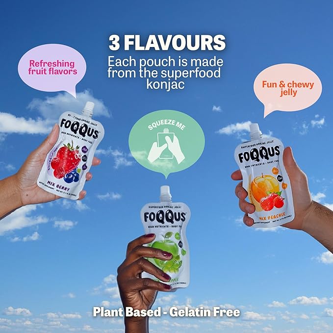 Mix Berry Konjac Jelly with Bacopa + Caffeine + L-Theanine (10 Pouches) | Low Calorie, 0g Sugar, Gluten-Free, Vegan & Keto | Drinkable Asian Snack | Nutrients for Gut Health & Focus