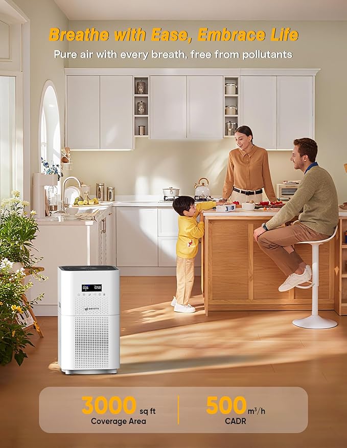 Dayette Air Purifiers for Home Large Room up to 3000 Sq Ft, CARD Upgrade to 500 mยณ/h H14 Ture Hepa Air Filter, Air Purifier with Air Quality Monitor, 22dB Sleep Mode for Bedroom, Living Room