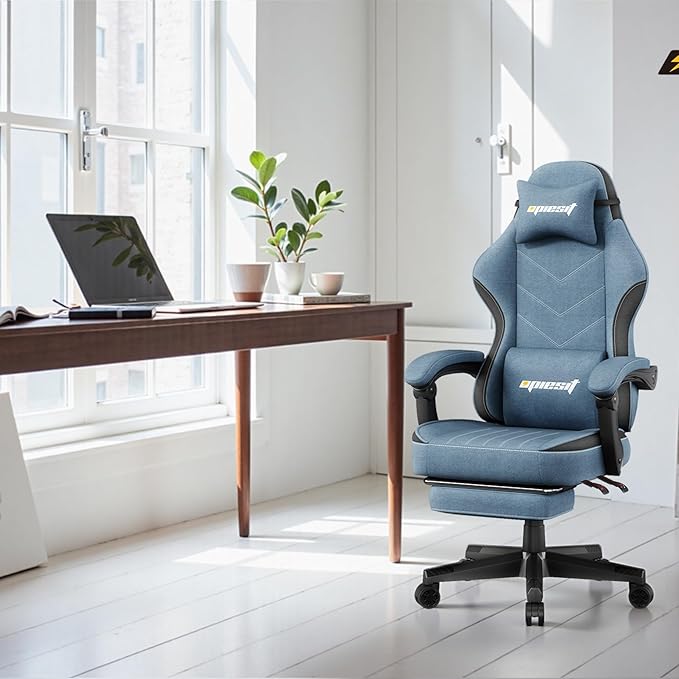 Gaming Chair,Fabric Computer Chair with Pocket Spring Cushion,400 lb Load Capacity,Ergonomic Office Chair with Footrest,Height Adjustable Video Gamer Chair with Lumbar Support (Blue)