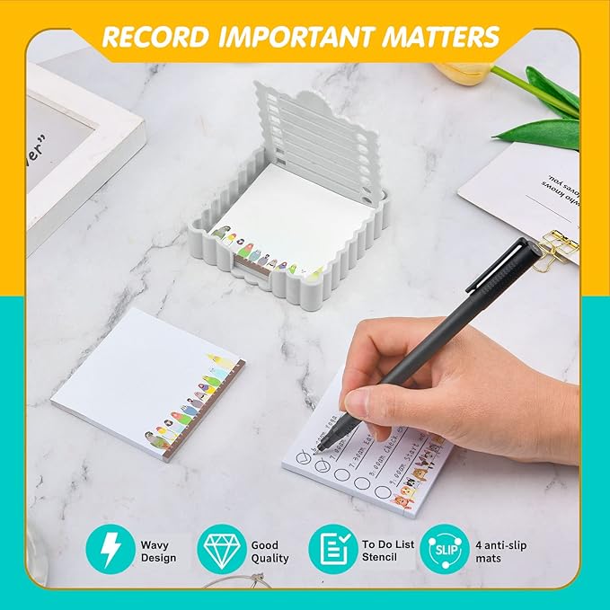 Sticky Notes Holder Cute with Stencil, Wavy Self-Stick Notepad Holder, Note Dispenser for Desk, Sticky Notes Organizer