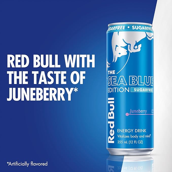 Red Bull Sea Blue Edition Sugar-Free Energy Drink, Juneberry, with 80mg Caffeine plus Taurine & B Vitamins, 12 Fl Oz, Pack of 24 Cans (6 packs of 4)