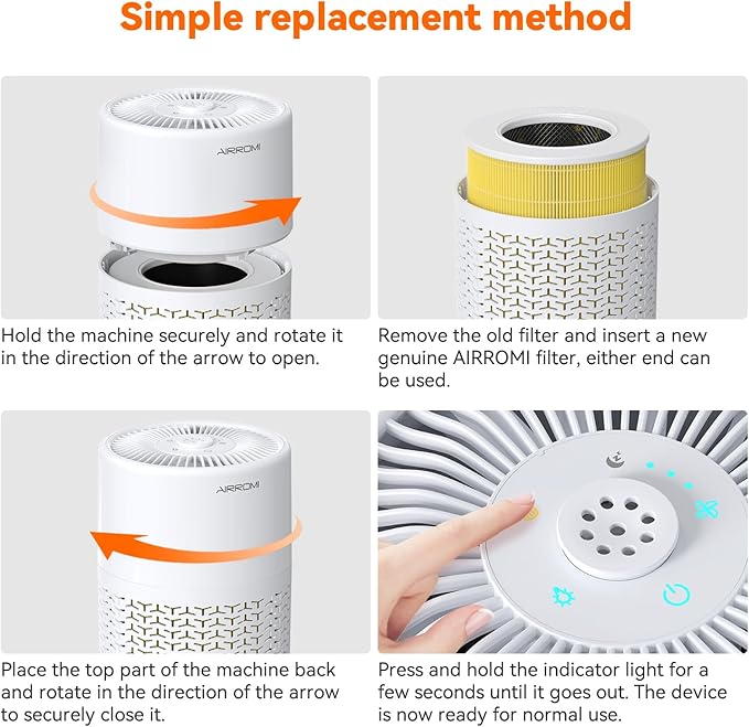 AIRROMI Pets Air Purifier for Home Allergies,Up to 660 ftยฒ.Yellow Deodorizing Activated Carbon Filter,With Fragrance Sponge for Better Sleep,Night Light,Pet Dander,Smoke,Odors,Air Cleaner A2002 White