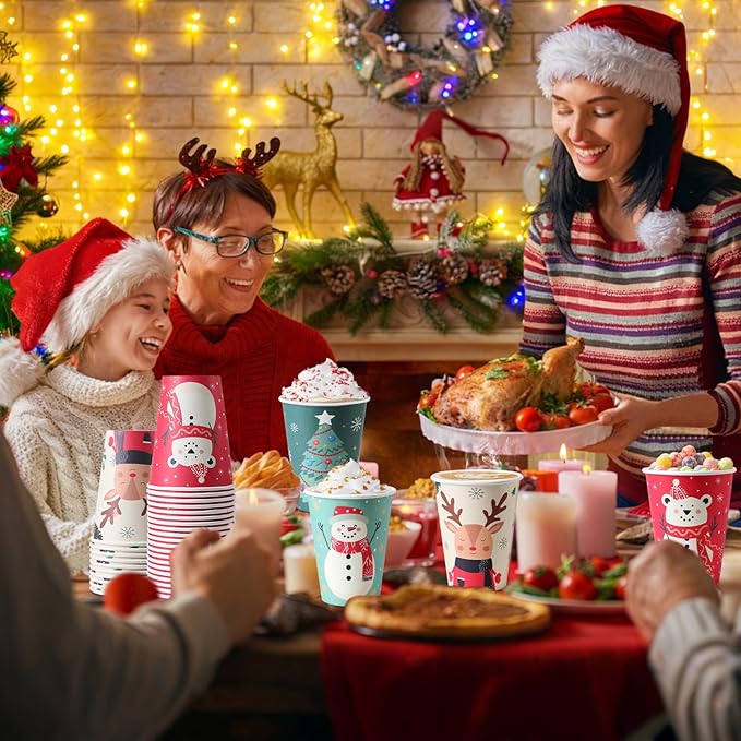 100 Pack 12 oz Christmas Coffee Cups, Holiday Disposable Paper Cups with 4 Xmas Designs for Hot Cocoa, Hot Chocolate, Cold Beverage