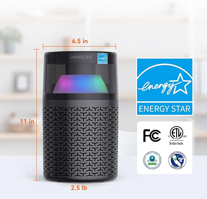AIRROMI Air Purifiers for Bedroom Home,Up to 658 Ftยฒ,Activated Carbon Filter Cleaner,With Fragrance Sponge for Better Sleep,Night Light,Pet Dander,Allergies,Smoke,Odor,Desktop Air Cleaner A2002 Grey