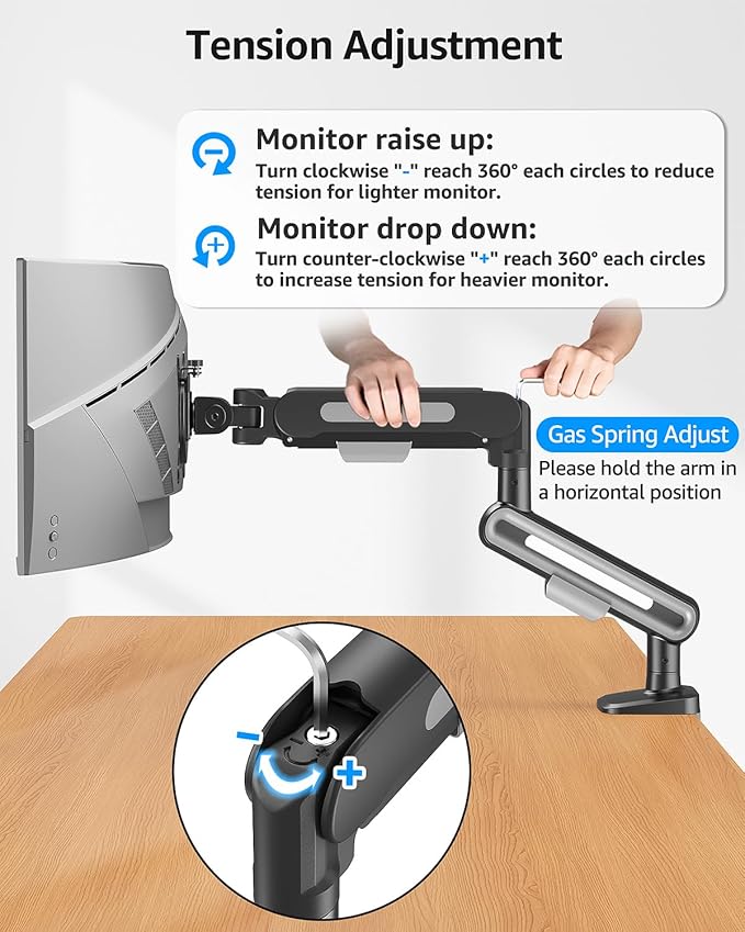 MOUNTUP Single Monitor Desk Mount for 4.4-26.5lbs, Heavy Duty Monitor Arm for 40 39 37 34 32 27inch, Full-Motion Monitors Stand, Height Adjustable Gas Spring Monitors Arm with C-Clamp&Grommet Base