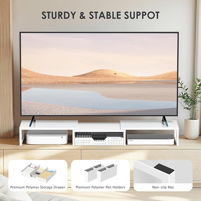 OPNICE White Dual Monitor Stand Riser, Metal Desk Organizers and Accessories with Drawer and 2 Pen Holders, Computer Monitor Stand for Desk