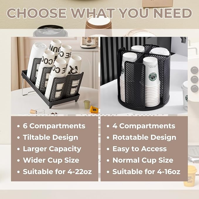 Atarvana 6 Slots Paper Cup and Lid Holder for 8-20oz Cups, Disposable Coffee Cup Dispenser of 2 Display Design for Coffee Station, Bar, Office, Home, Restaurant, Breakroom, Countertop