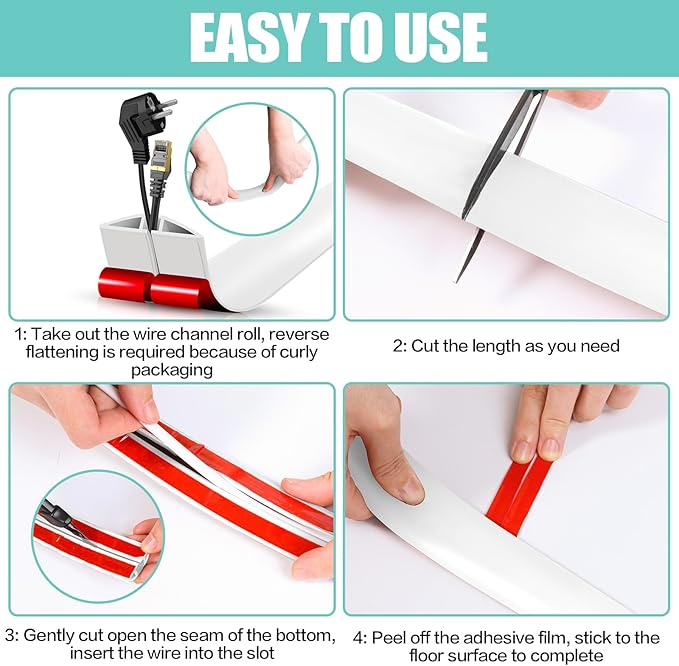 Floor Cord Cover Cavity 0.8"x0.37" Self Adhesive Cord Hider, 10FT Low Profile Cable Management, Extension Strip Protector for Wires, Prevent Cable Trips for Offices, Gyms, Exhibitions(White)