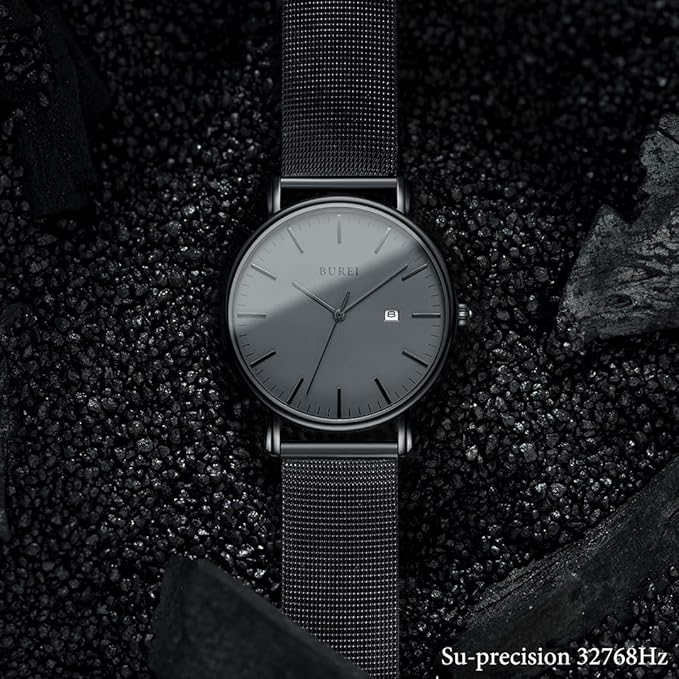 BUREI Men Watches Brown Leather Fashion Minimalist Wrist Watch Simple Ultra Thin Waterproof Quartz Watches All Black Stainless Steel Mesh Band,Gift for Men Women