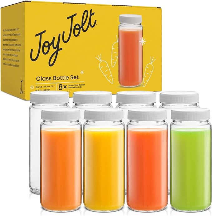 JoyJolt 16 oz Reusable Glass Bottles with Caps. Set of 8 Juicing Bottles With Lids and Juice Jars Labels. Glasses for Cold Brew, Smoothie