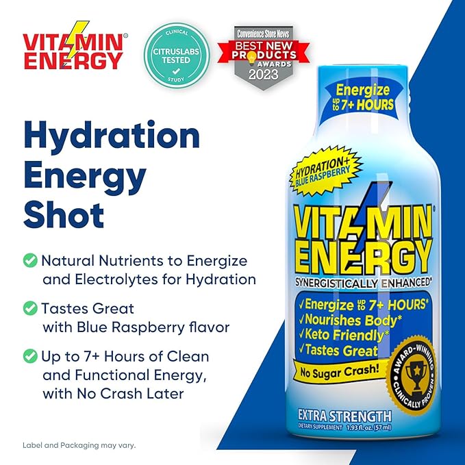 Vitamin Energy Hydration+ Extra Strength Energy Shot Blue Raspberry 24 Pack, 260mg Natural Caffeine, Electrolytes, BCAAs, Amino Acids, Hydration & Performance, Zero Sugar, Gluten-Free, 1.93 fl oz