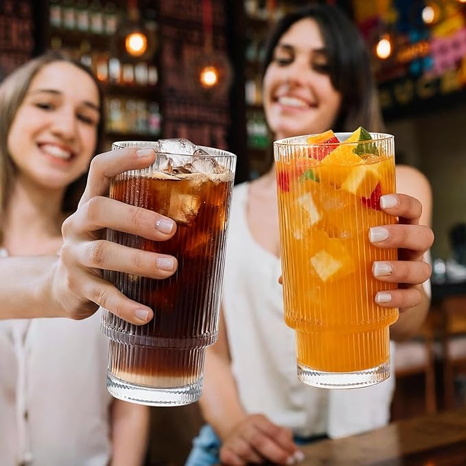 Ribbed Drinking Glasses Set of 4, Stackable Cute Kitchen Glasses Cups 16oz and 7oz Iced Coffee Glasses cocktail Glass cup for Water, Beverage, Whiskey