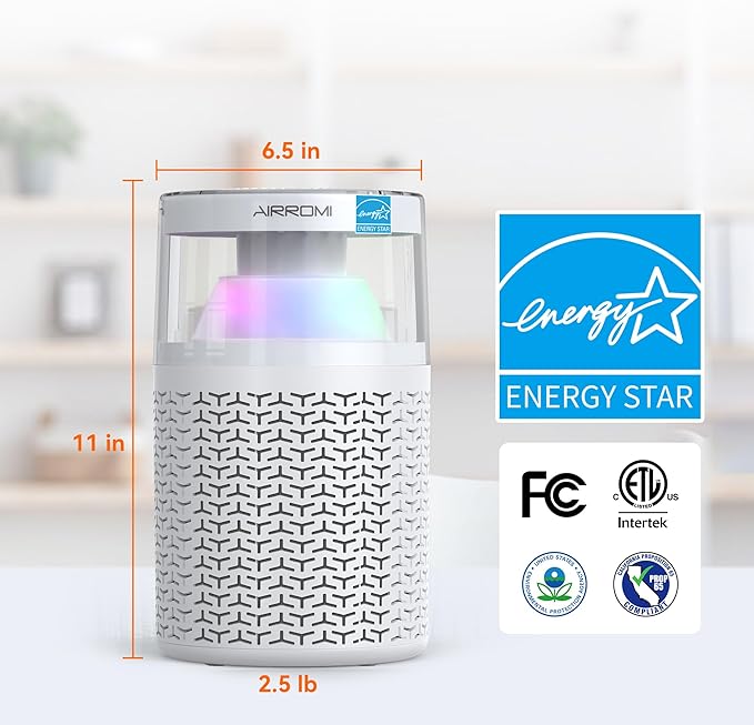 AIRROMI Air Purifiers for Bedroom Home,Up to 658 Ftยฒ,Activated Carbon Filter Cleaner,With Fragrance Sponge for Better Sleep,Night Light,Pet Dander,Allergies,Smoke,Odor,Desktop Air Cleaner A2002 White