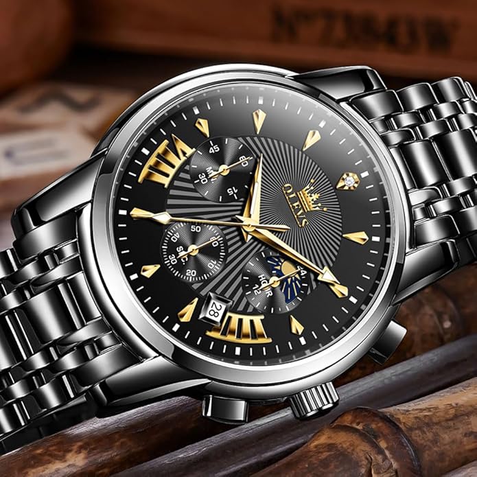 OLEVS Men's Luxury Watch Waterproof Luminous Easy Read Chronograph Watches Full Gold/White Dail/Black Face with Calendar Wristwatch