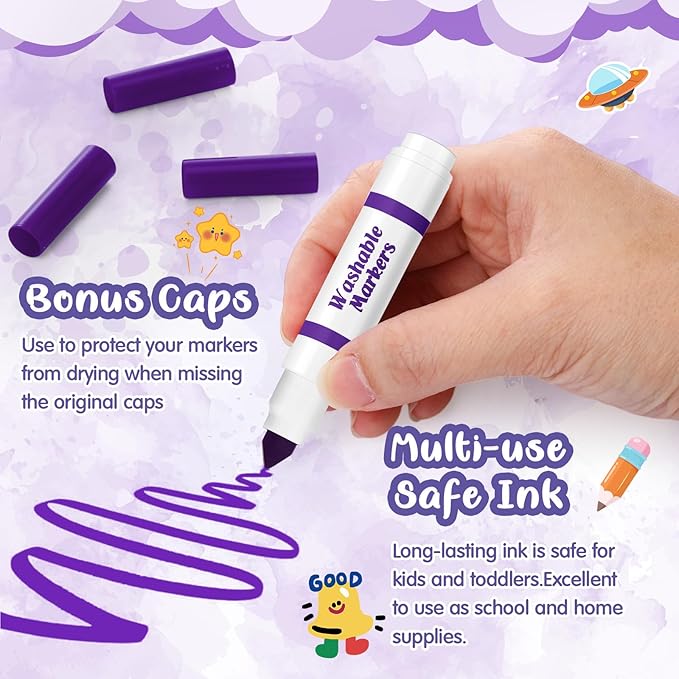 Janlaugh 30 Pcs Mini Washable Markers Bulk Broad Line Conical Tip Washable Mark Pen Set Short Coloring Paint Pen for Kid Art Projects Teacher Student Toddler Party Favors Classroom, Ages 6+(Purple)