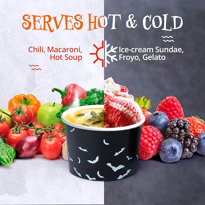 Paper Ice Cream Cups, 50-Count 9-Oz Disposable Dessert Bowls for Hot or Cold Food, 9-Ounce Halloween Party Supplies Treat Cups, Bats, Black and Silver