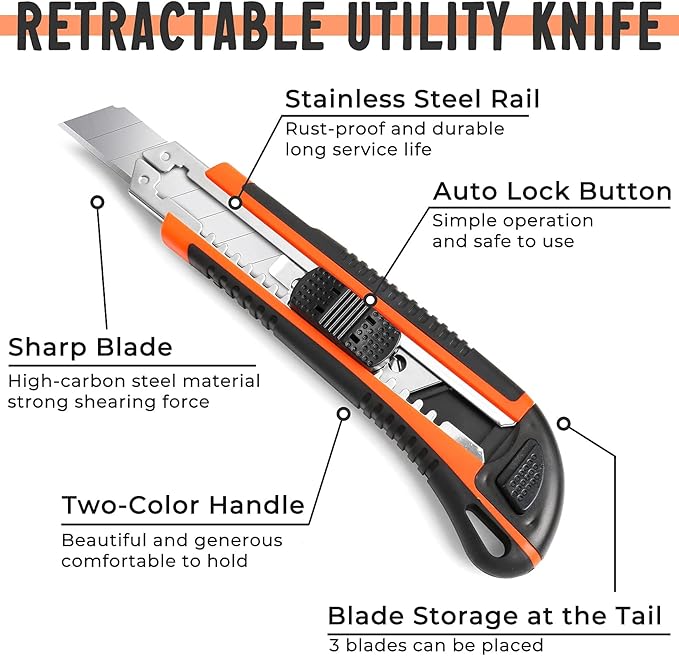 3-Pack Box Cutter Utility Knife | Ultra Sharp Blade with Anti-Slip Rubber Handle | Exacto Cutter for Leather, Rubber & Cartons