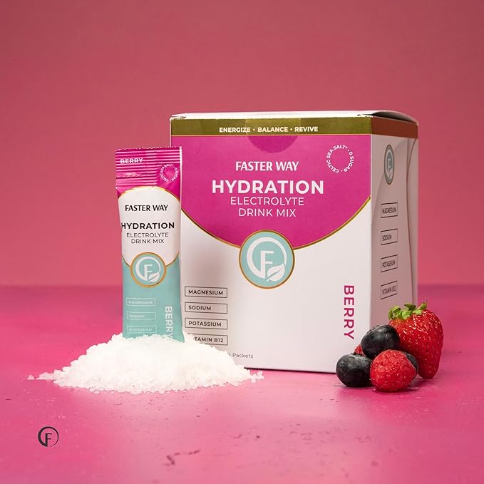 Faster Way - Hydration - Electrolyte Drink Mix - with Apple Cider Vinegar, Choline, Probiotics & Natural B Vitamins - Energize & Revive - Powder Packets - Zero Sugars - Gluten Free - Berry - 30 Pack