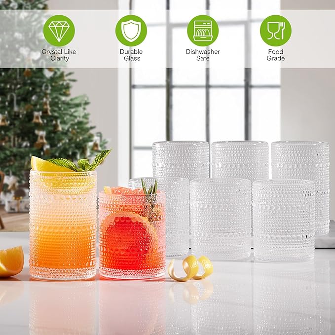 Hobnail Drinking Glasses Set of 8, 4pcs 15oz Highball Glasses & 4pcs 12oz Clear Glass Cups,Kitchen Bar Vintage Embossed Glassware Sets for Whiskey,Cocktail,mocktails,Wine, Water & Juice Drinkware