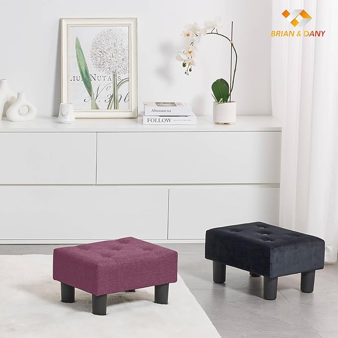 BRIAN & DANY Small Foot Stool, Linen Foot Stools with Legs, Stable Small Footstool for Living Room, Purple