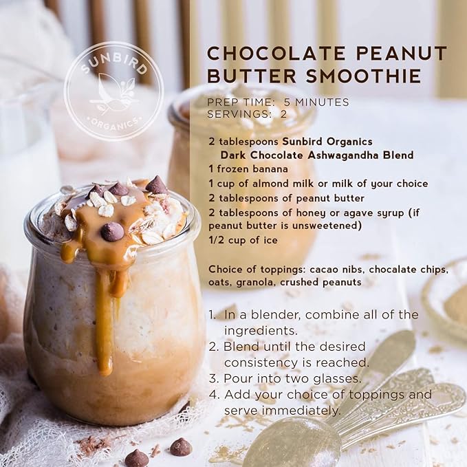 Chocolate Powder with Organic Ashwagandha Root Extract, Cacao Powder, Probiotics & Prebiotic Fiber. Smoothie Mix and Healthy Hot Chocolate. Everyday Bliss with Focus, Calm & Stress Support.