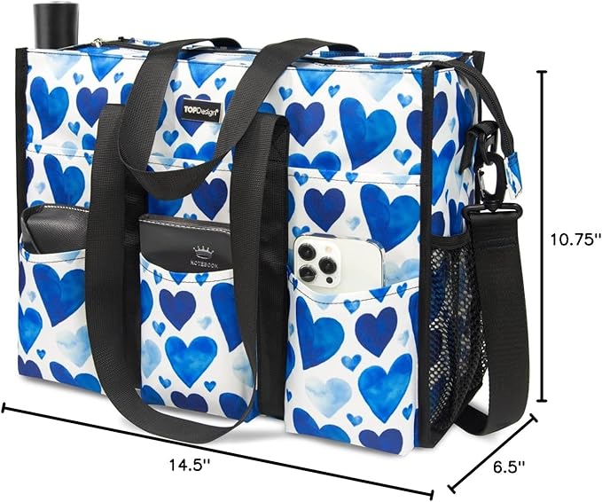 TOPDesign Utility Water Resistant Tote Bag with 22 Pockets, Top Zipper Closure & Thick Bottom Support, for Working Women