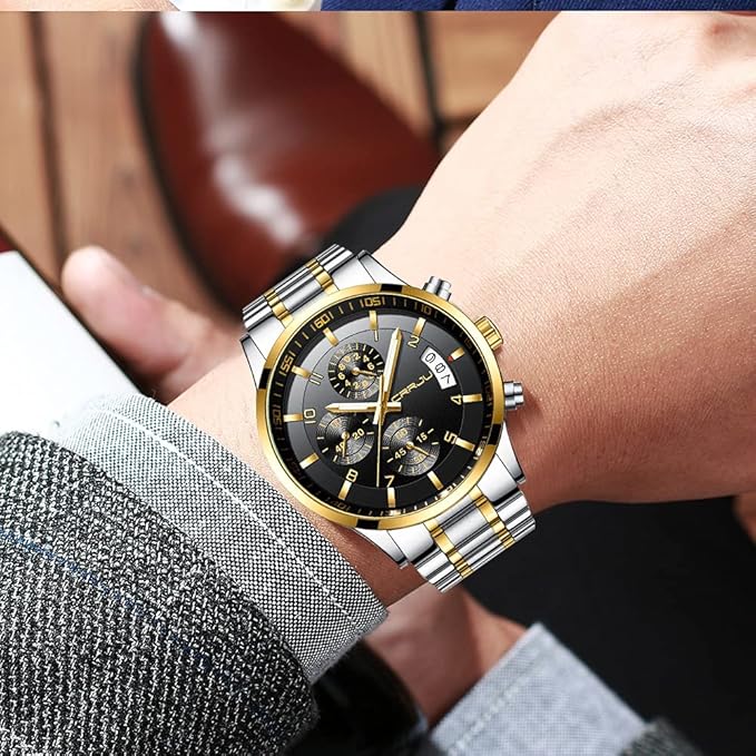 CRRJU Men's Fashion Stainless Steel Watches Date Waterproof Chronograph Wristwatches,Black Steel Band Waterproof Quartz Watch for Men